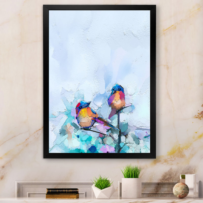 Pinceau orange et turquoise, oiseau III - Peinture, H 40 po x l 30 po x P 1,5 po, Cadre photo noir