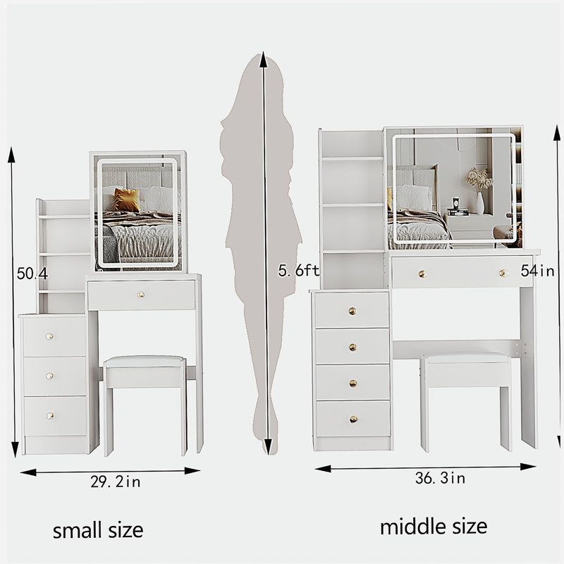 29.2" Small Size Left Bedside Cabinet Vanity Table + Cushioned Stool, Large Sliding, Touch Control, Tri-color Switching, Brightness Adjust LED Mirror, High Capacity Storage, Suitable for Small Space