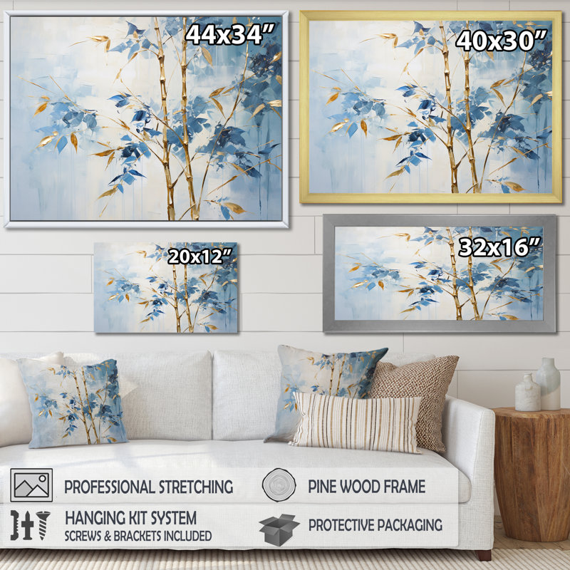 Danse de bambou bleue et dorée II - salon d'art mural en bambou_106587, H 16 po x l 32 po x P 1 po, Toile tendue