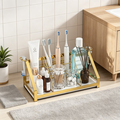 Bathroom Counter Organizer With Diatomite Drying Mat And Removable Electric Toothbrush Head Holder, Adjustable Sliding Dividers For Vanity, Kitchen, And Dresser Storage