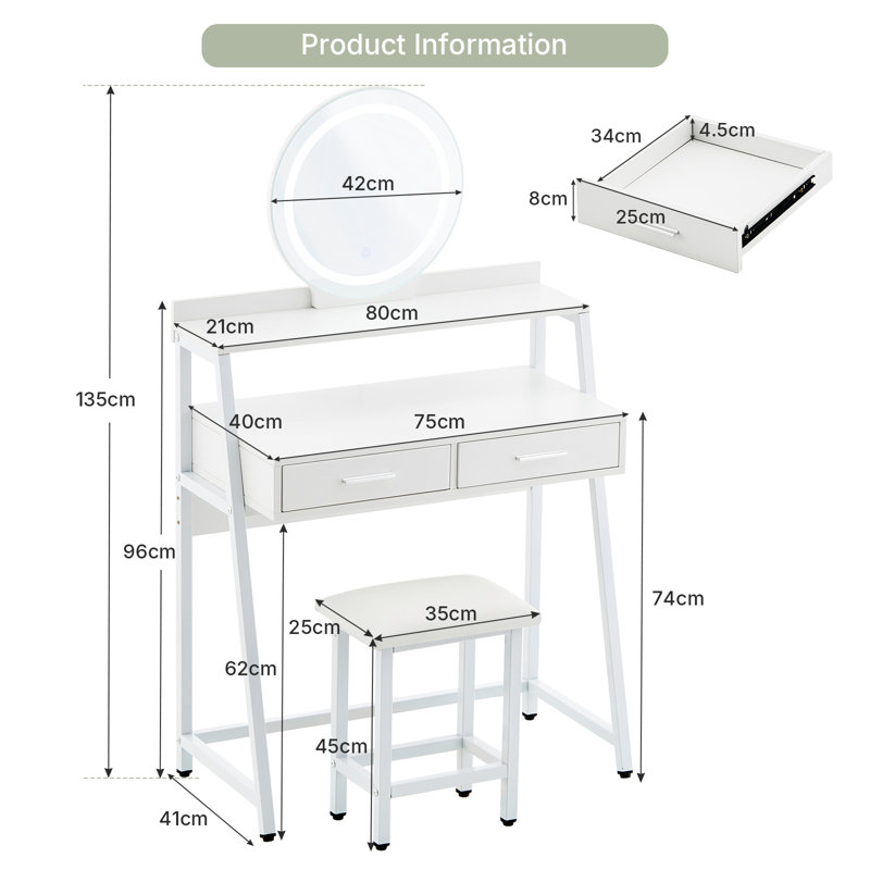 Round Mirror Dressing Table, Frame Vanity Set With Two Drawers