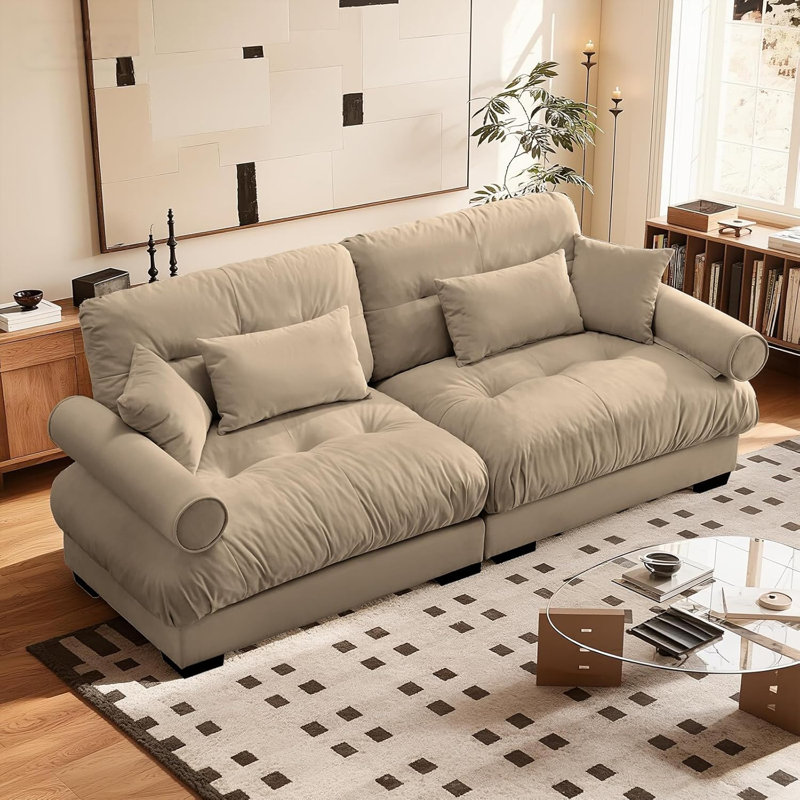 Causeuse en velours 93,7 po de large avec accoudoirs rembourrés et 2 coussins décoratifs en velours 93,7 po, Chameau