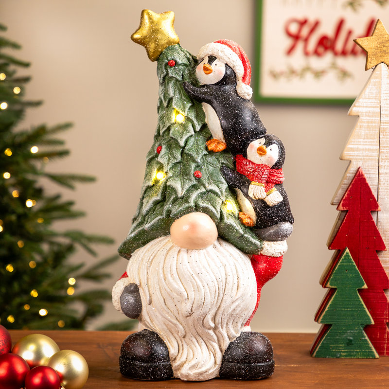 Décoration de Noël gnome lumineux avec pingouins - 17 po - lumières DEL claires