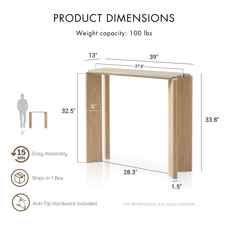 Elodie 39"W Travertine-Look Top Console Table, Beige and Natural