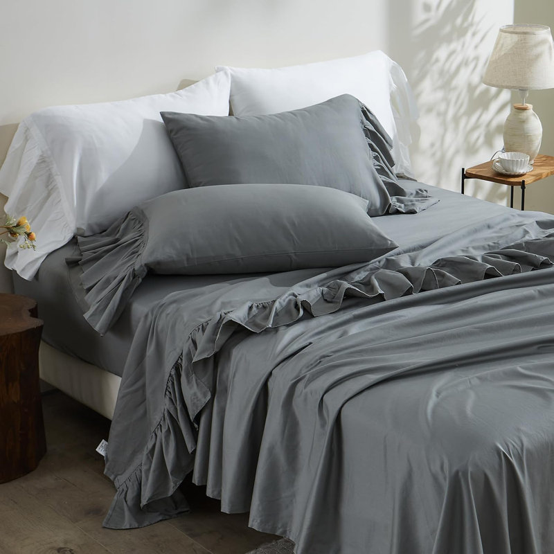 100% Cotton Sheet Set Ruffle Bed Sheets Soft French Country Vintage Bedding Set Aesthetic Farmhouse, Gray