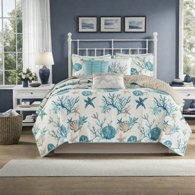 Luxurious Cotton Sateen Bedding Sets, Coastal Design With Quilt And Pillows, Perfect For Home Decor