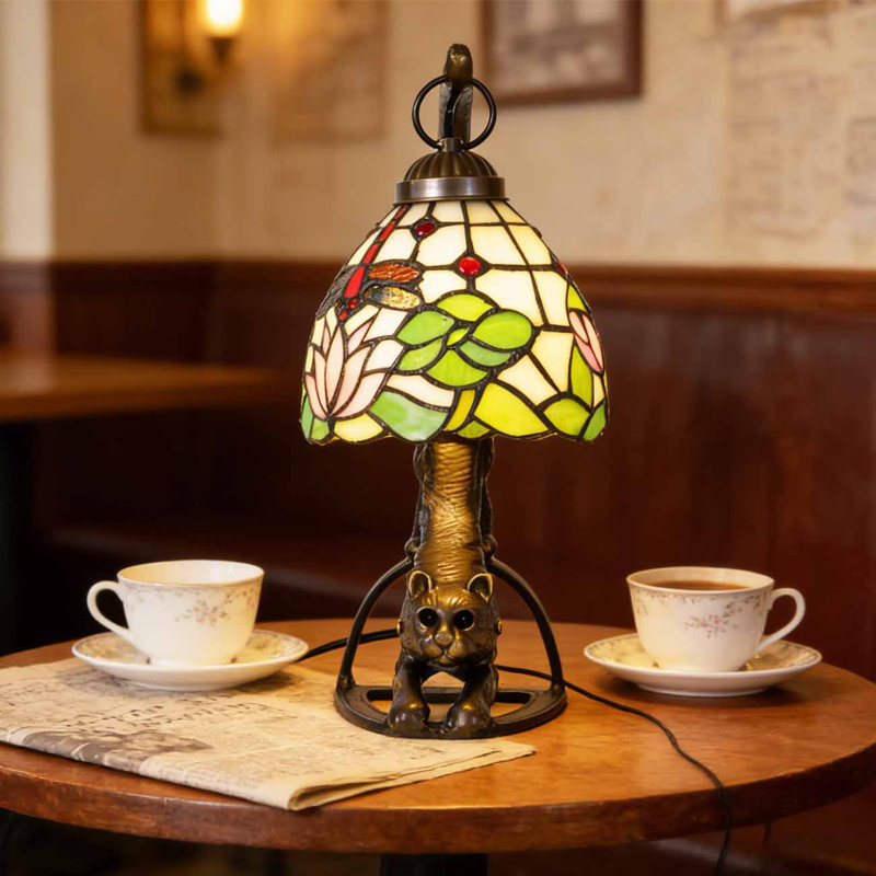 15 Inch High Artistic Cat-shaped Stained Glass Table Lamp; Tiffany Style Bedside Lamp
