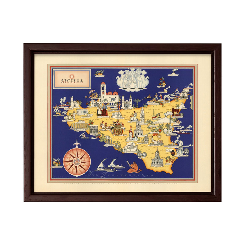 Carte illustrée de la Sicile, Canevas, H 24 po x l 32 po, Encadrement brun