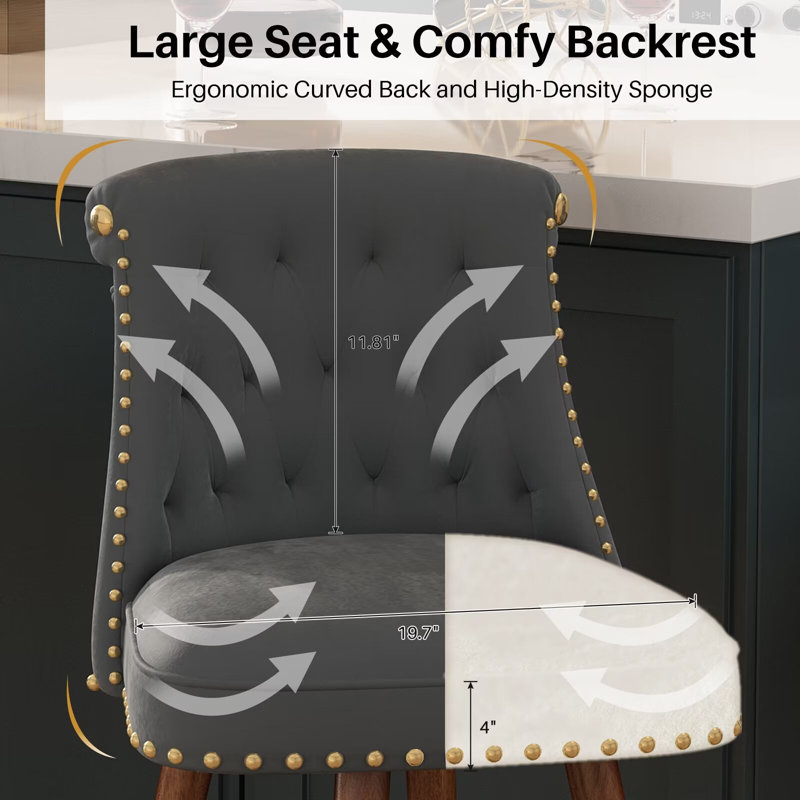 Gray Velvet Upholstered Swivel Counter Stools with Wood Legs, Set of 2