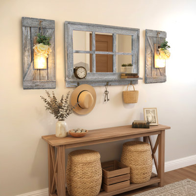 Miroir de fenêtre rustique gris avec volets en Z et ensemble de 2 appliques Mason