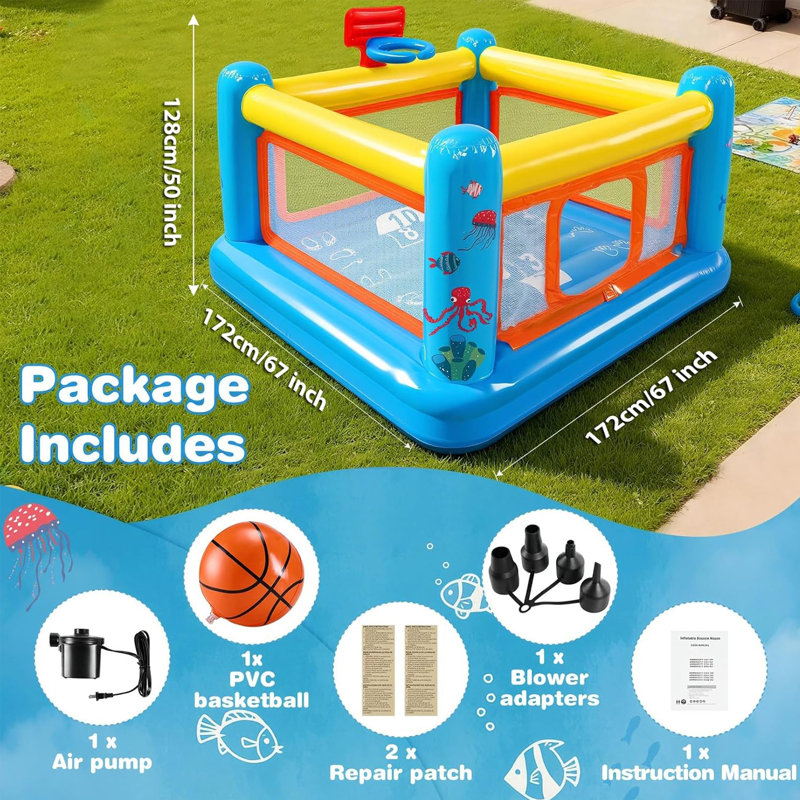 Petit château gonflable d'intérieur 5,58 pi x 5,58 pi Adam avec panier de basketball et marelle - PVC sans phtalate, conception silencieuse et sans prise