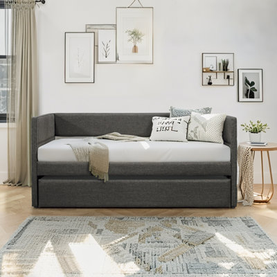 Lit de jour simple avec couchette, tissu gris foncé