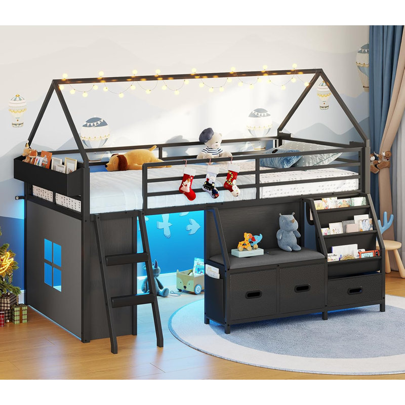 Low Loft Bed Twin Size With Bookshelf, Reading Nook, Led Kids Loft Bed With 3 Drawers, Under-Bed Play Space, House Loft Beds With Safety Guardrail, Inclined Ladde & Play Curtain