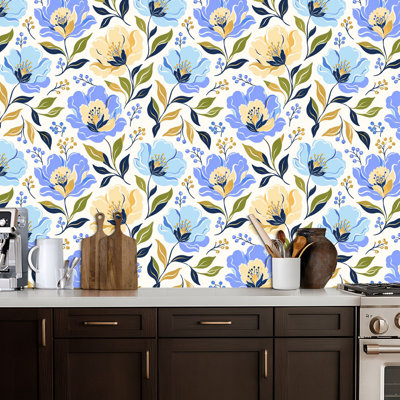 Papier peint auto-adhésif adhésif mural bleu doré à motif floral avec feuilles abstraites et décorations abstraites pour armoires de cuisine de chambre à coucher 24 po x 118 po