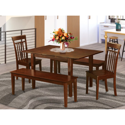 Ensemble de salle à manger 5 pièces comprenant une table de cuisine rectangulaire avec rallonge papillon et 2 chaises de salle à manger avec 2 bancs, en acajou.
