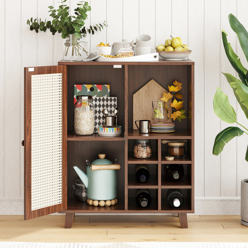 Rangement pour bar à vin de 34 pouces, à panneaux, 1 armoire fermée, 2 tablettes ouvertes, 6, armoire buffet stable, pouces, avant, espace,