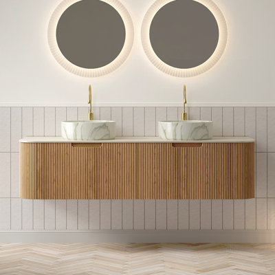 Meuble-lavabo 60 po avec lavabo à rayures 60 po, 2 lavabos ronds en céramique avec motif en pierre et dessus en pierre frittée à motif de travertin, pré-assemblé