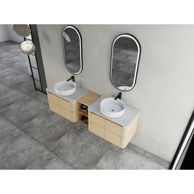 Meuble-lavabo mural 72 po avec lavabo d'art en céramique et 1 tablette de rangement, 4 portes à fermeture douce, emballage KD, contreplaqué