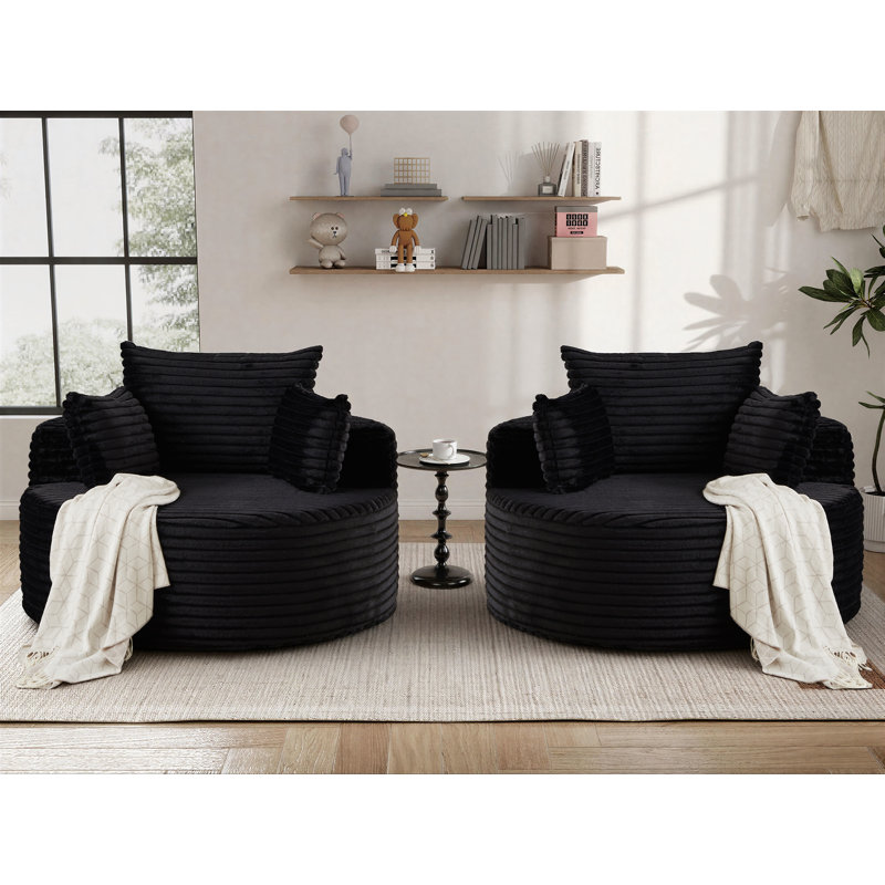 2 Pieces - 49" Corduroy Upholstered Barrel Chair, Oversized Compression Round Chaise Lounge, No Assembly Required, Black