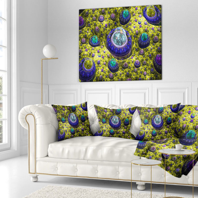 Planète exotique Fractal - coussin imprimé abstrait, 18 po x 18 po, Jaune, Coussin décoratif