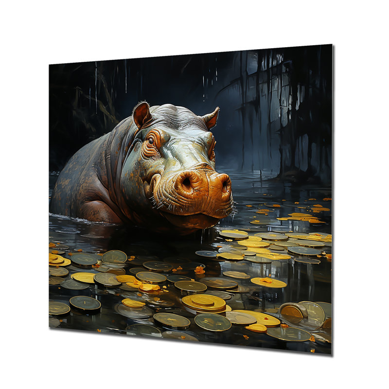 «Grey Powerful Hippo Waters Reflect IV - Hippopotamusmetal», art mural, H 29 po x l 29 po