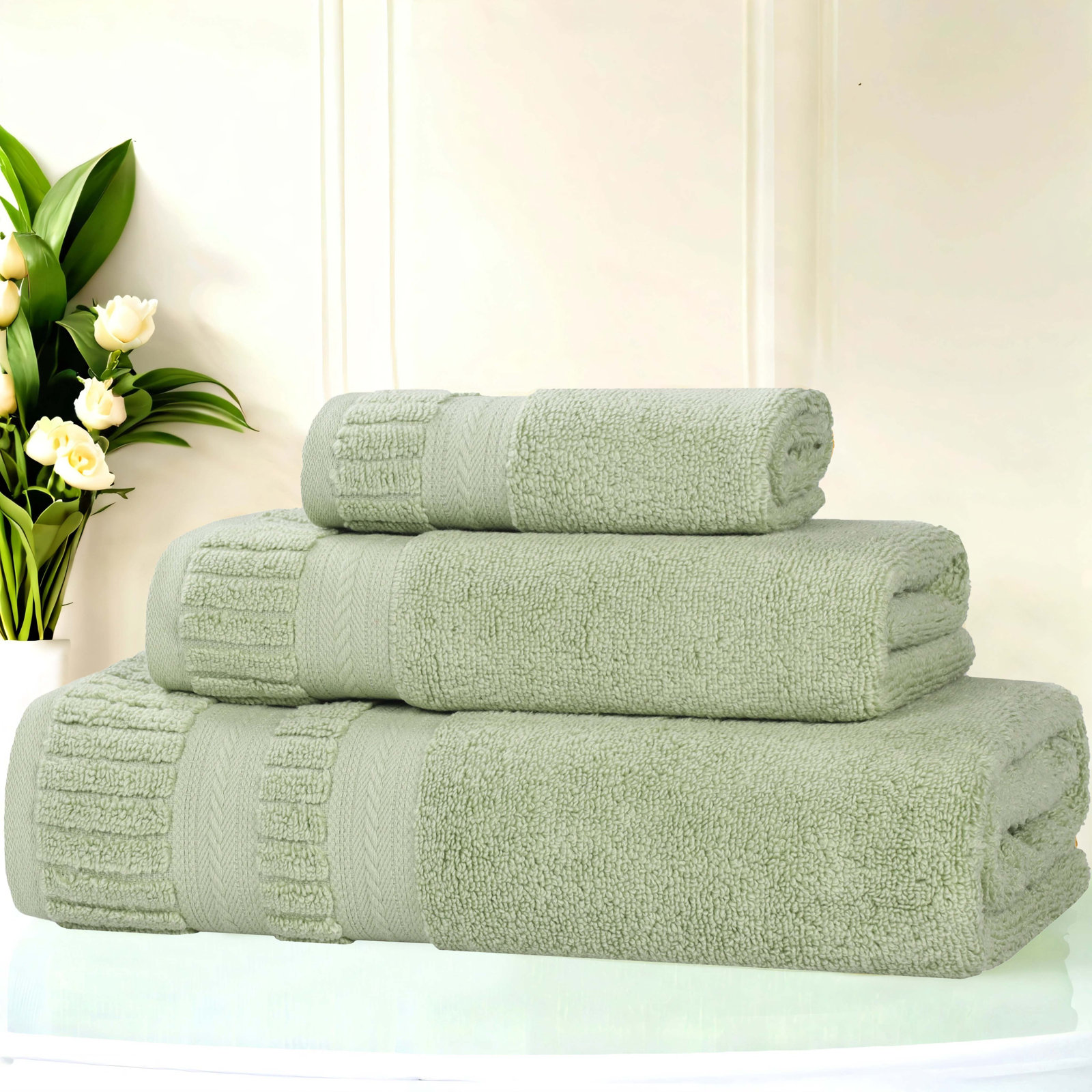 Zero-Twist Cotton Towel Set, Green, 3 Piece Towel Set