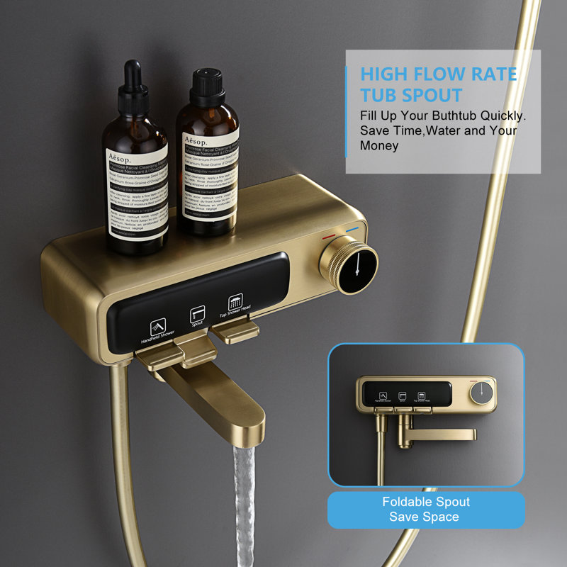3-Function Rain Shower System, Wall Mount With Foldable Spout，Brusehd Gold , Brusehd Gold