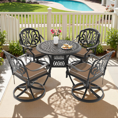 cast aluminum set - round table & swivel chairs, all-weather patio design in black frame