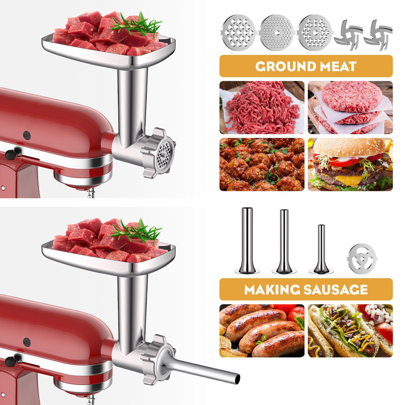 GVODE Meat Grinder & Stainless Steel Slicer Shredder Attachment, Compatible with KitchenAid® Stand Mixers, 2-in-1 Set