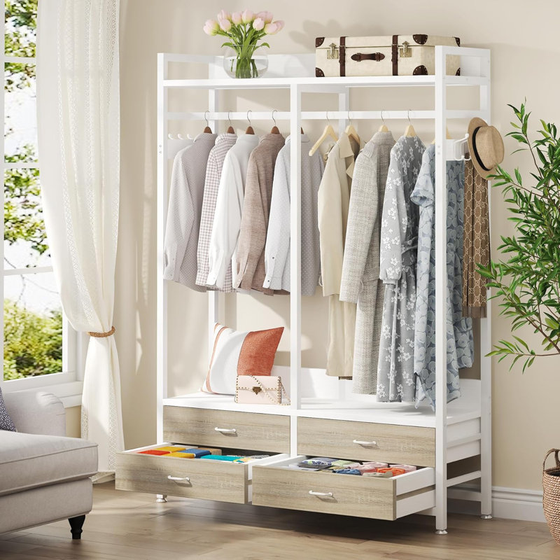 Organisateur de garde-robe autoportant pour suspendre les vêtements, support à vêtements robuste avec 4 tiroirs, Blanc
