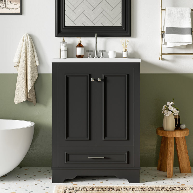 24'' Bathroom Vanity With Ceramic Sink Combo, Handles, Soft Closing Doors, Black/Silver