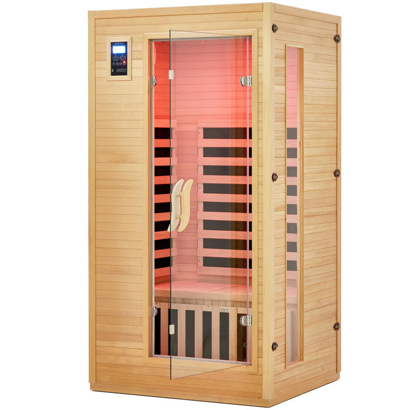 Upgrade 1 to 2 Person Infrared Sauna, 6 Carbon Heating Plates, Low EMF, Dual Controls, Home Spa Wooden Steam Sauna