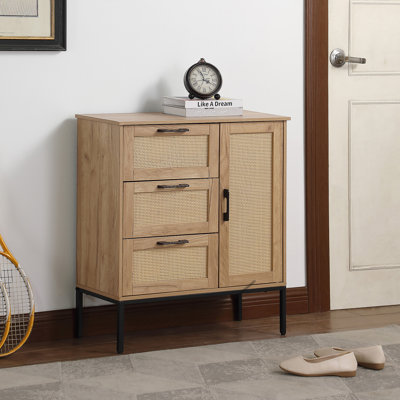 Armoire de rangement de style Mid-Century avec 3 tiroirs, portes en rotin, tablettes réglables, parfaite pour le salon et la salle à manger et facile à installer