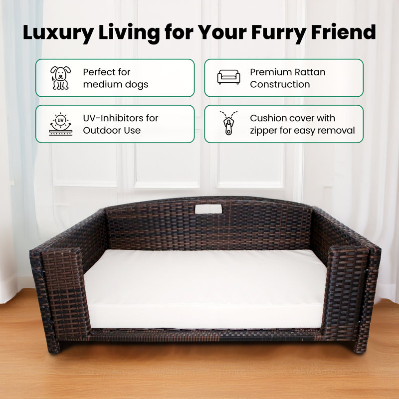 Cristobal Rattan Rectangular Dog Sofa, Medium (35" W x 23.5" D x 12" H)