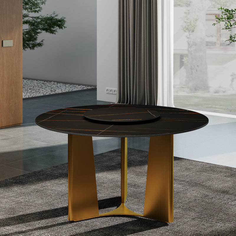 Table de salle à manger ronde en pierre frittée avec plateau tournant, H 29,53 po x L 53,15 po x l 53,15 po, Noir
