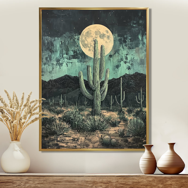 Cactus Marsicano au clair de lune II - décoration murale cactus, Reproduction avec cadre flottant, H 32 po x l 16 po, Doré