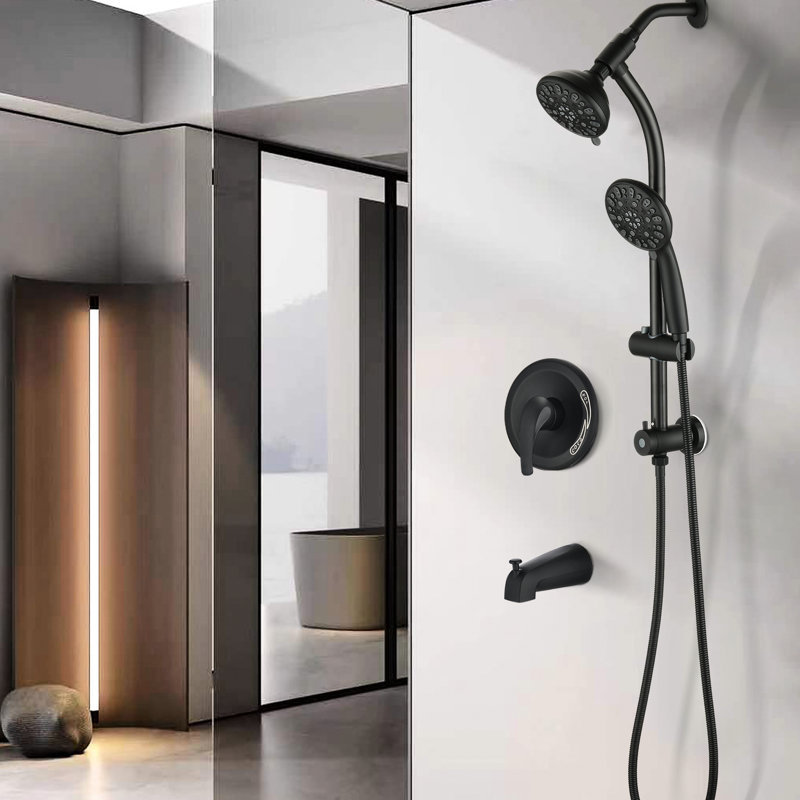 Douche à barre coulissante en acier inoxydable, deux têtes à 7 réglages, noir mat, débit de 1,8 gallon par minute, perceuse à réglage de massage à impulsion, finition noire, débit, fixation murale