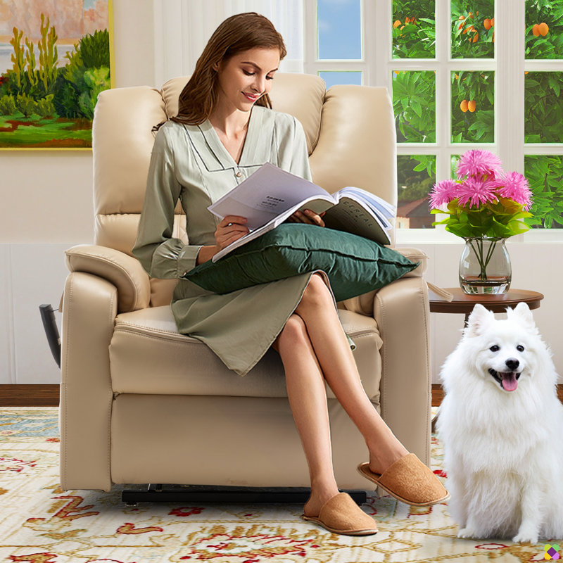 Karelin 35.54"W 180° Flat Lay Faux Leather Lifting Power Recliner, Massage Chair, Heater, Lift Chair, Beige Faux Leather