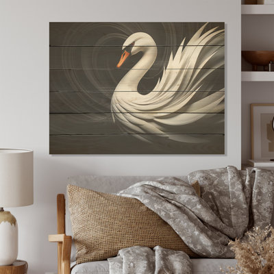 Black And White Elegy Of A Swan I - Swans Wood Art On Natural Pine Wood