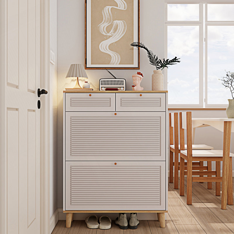 Armoire décorative, armoire à chaussures avec 2 portes rabattables et 2 tiroirs, armoire à chaussures étroite
