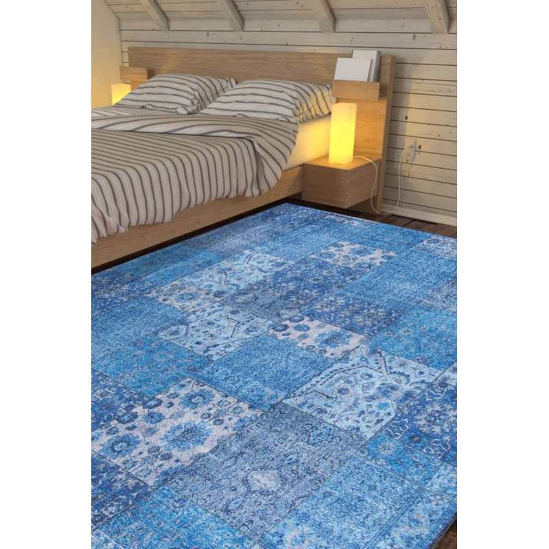 Tapis décoratif tissé bleu à patchwork, Tapis de couloir 2 pi 6 po x 5 pi