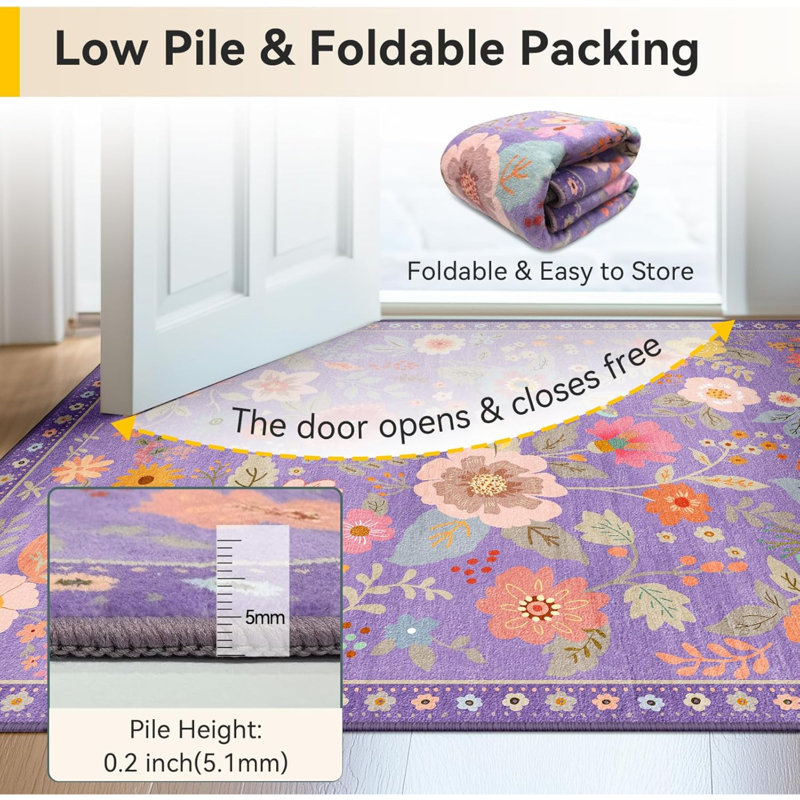 Floral 7 x 9 tapis lavables imprimé boho tapis mignon antidérapant fleur bas pour salon chambre cuisine bureau ferme - mauve / rose / multicolore