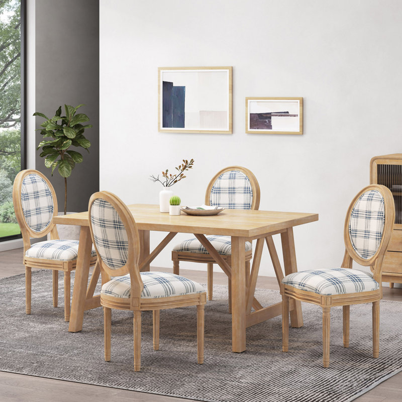 Chaises d'appoint rembourrées, Naturel, Carreaux bleu foncé