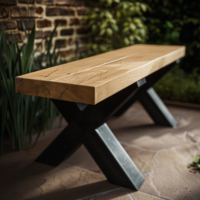 Chunky Rustic Outdoor Garden Bench with Alumium Legs, 45cm H x 110cm W x 35cm D