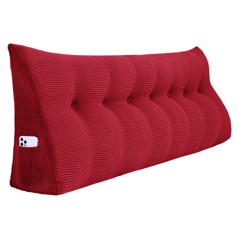 Sit-up Back Comfort Corduroy Bed Headboard Wedge Reading Pillow Triangular Backrest Compression, Red, King