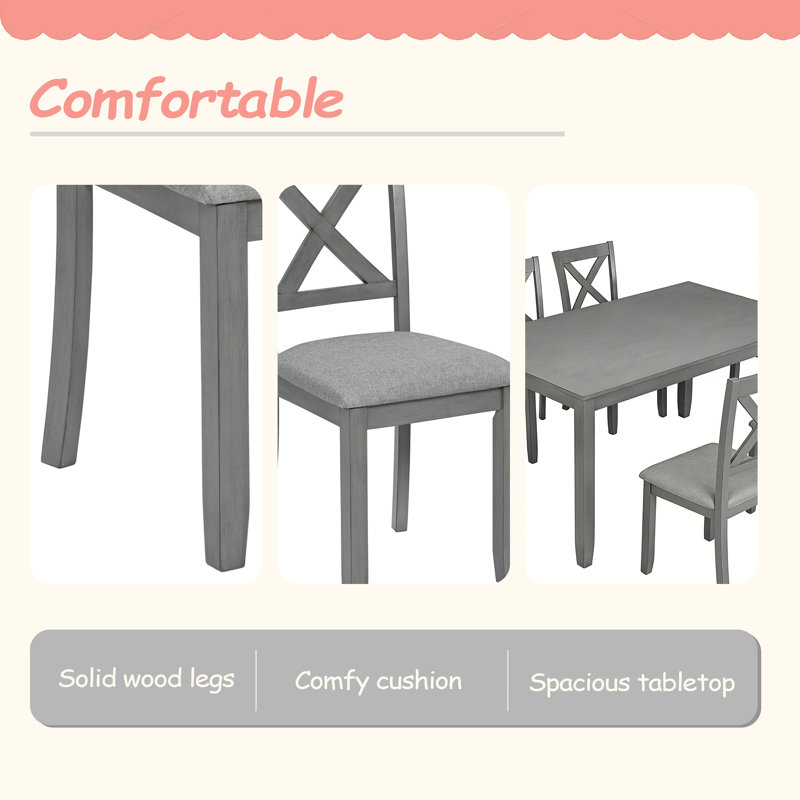 Ensemble de table à manger et de chaises en bois massif 7 pièces, table moderne de 58,5 pouces avec chaises rembourrées 6 pièces (style X-Back) pour la cuisine