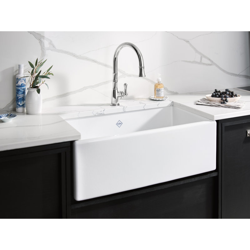 Shaker™ Front Fireclay 33" L x 18" W Farmhouse Kitchen Sink, Patina Blue/Gold