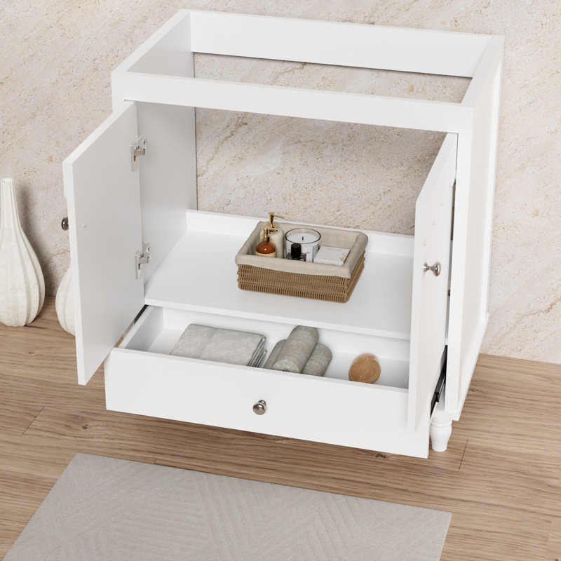 Base de meuble-lavabo autoportant 30 po seulement, lavabo non inclus, rebord ondulé décoratif, Blanc