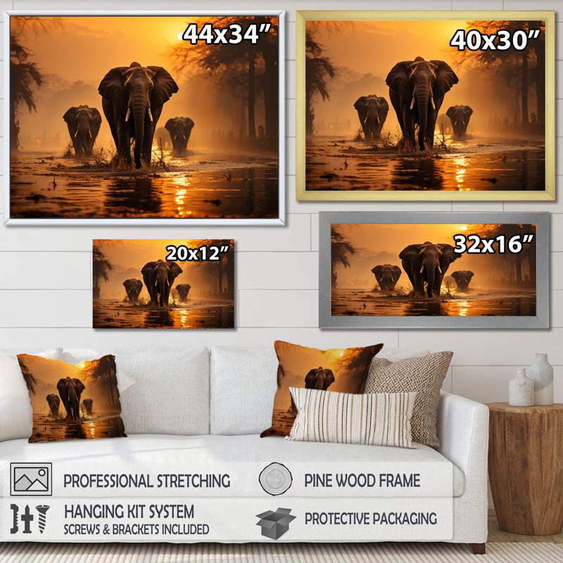 Glorious Elephant in the Wild at Sunset Wildlife I - reproduction, 24" H x 32" W, Cadre flottant blanc