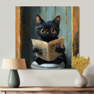 «Cute Cat Ready», journal sur la toilette I - art mural en métal, impression sur métal moderne